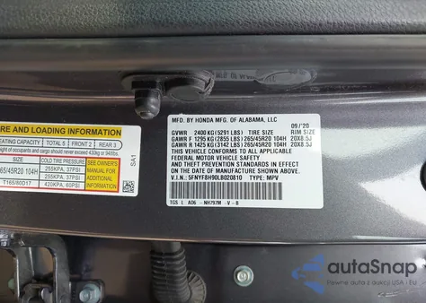 2020 Honda Passport Awd Touring from USA, damaged, VIN 5FNYF8H90LB020810